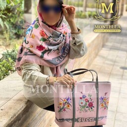 ست کیف و روسری ست کیف و شال زنانه روسری نخی رنگ صورتی قواره دار با کیف مستطیلی mo278