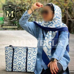 ست کیف و روسری و شال زنانه ست کیف رنگ آبی طرحدار با کیف مستطیلی بزرگ mo273