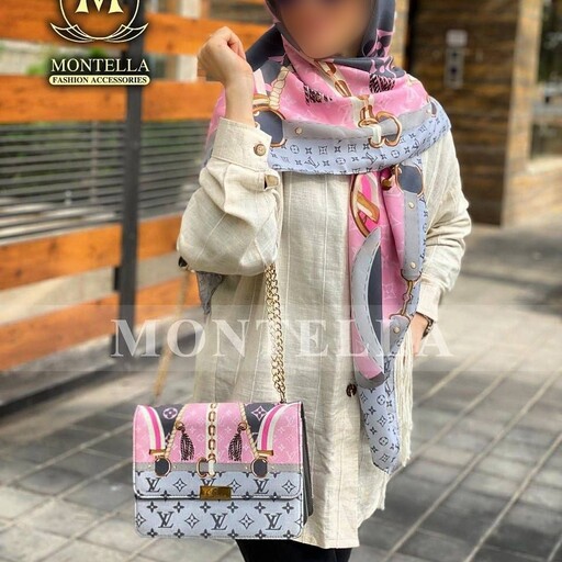 ست کیف و روسری زنانه رنگ طوسی صورتی ال وی با کیف پاسپورتی و روسری نخی ارسال رایگان  mo218