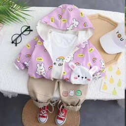 لباس کودک ست سه تکه وارداتی  شامل بارانی یا سویشرت و تیشرت آستین بلند و شلوار کتان کبریتی طرح خرگوش مناسب 1 تا4 سال