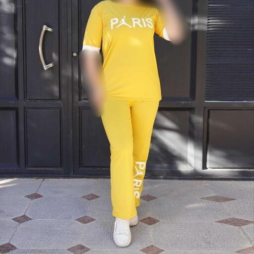 تیشرت شلوار رنانه پاریسparisکرپ پلاس رنگ خردلی