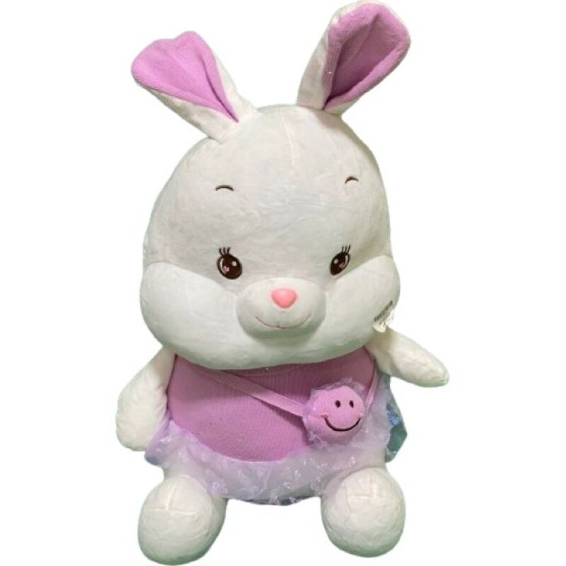 عروسک پولیشی خرگوش طرح کیف هپی دارای رنگبندی متنوع است و پاپیون روی سر