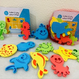 فوم حمام کودک طرح حیوانات دریایی با کتاب رنگ آمیزی وبازی پیش ازحمام انتشارات خانه ادبیات