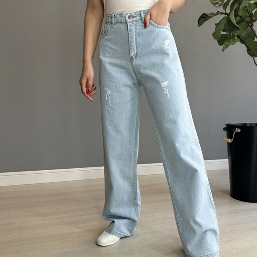 شلوار جین زنانه مدل نیم بگ رنگ آبی یخی سایز بندی ترک 31 تا 36