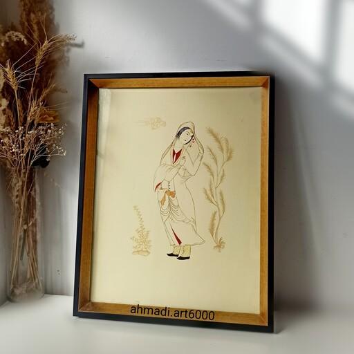  تابلو نقاشی نگارگری زن چادر به دست.  باز آفرینی نگاره های صفوی 
