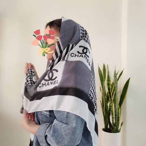 روسری نخی سفید مشکی طرح چنل قواره 110 فروشگاه آنلاین روسری لند 
