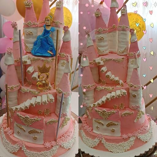 کیک تولد دخترانه 4طبقه صورتی پرنسسی یا قلعه ای ارسال به صورت پس کرایه یا تحویل حضوری 