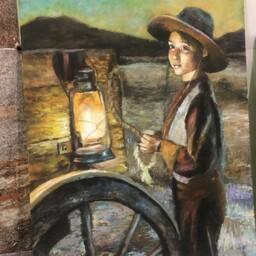 تابلو نقاشی رنگ روغن پسر بچه و چراغ