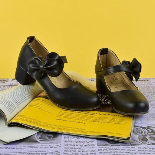 کفش  مهمانی دخترانه رنگ مشکی مدل پاشنه 3.5 سانت پاپیون کد 355511 سایز 26 تا 36