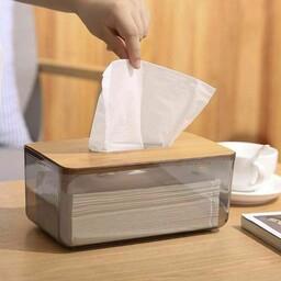 جعبه دستمال کاغذی شفاف  درب چوبی 