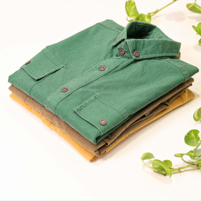 پیراهن کتان مناسب نوجوان رنگبندی سبز خردلی قهوه ای