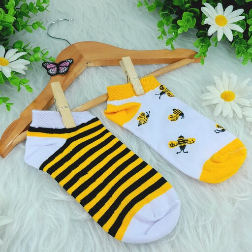 جوراب  دخترانه مچی  فانتزی طرح  تابتا زنبور  زرد و سفید نخی فریسایز36تا41