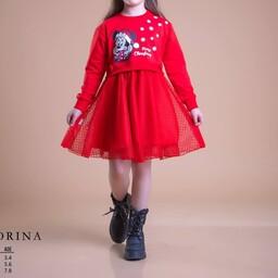 پیراهن دخترانه شیک و زیبا مناسب حدود سنی 3 تا 8 سال تک رنگ قرمز جنس بالاتنه دورس دو نخ لاکرا دامن تور 