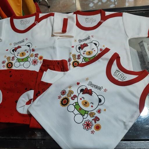 سرویس پنج تکه نوزادی جنس نخی در دو رنگ ترکیبی سفید صورتی و سفید قرمز