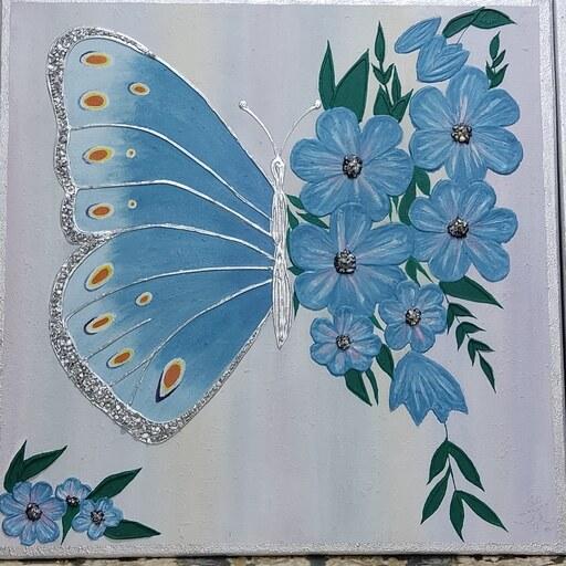 تابلو دکوراتیو طرح پروانه آبی  و ریسه گل 