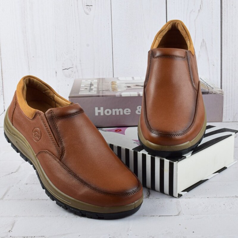 کفش طبی مردانه  چرم طبیعی رنگ عسلی مدل بدون بند کد 173913 سایز 40 تا 44