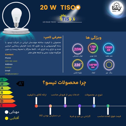 لامپ حبابی کم مصرف 20 وات برند تیسو TISOO