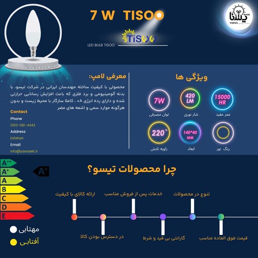 لامپ حبابی شمعی 7 وات برند تیسو TISOO