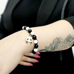 دستبند زنانه و دخترانه سنگ اونیکس سیاه و سفید با نشان خرس پاندا