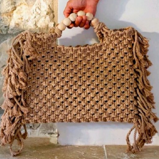 کیف مکرومه دستی با مهره چوبی شیک و ساده