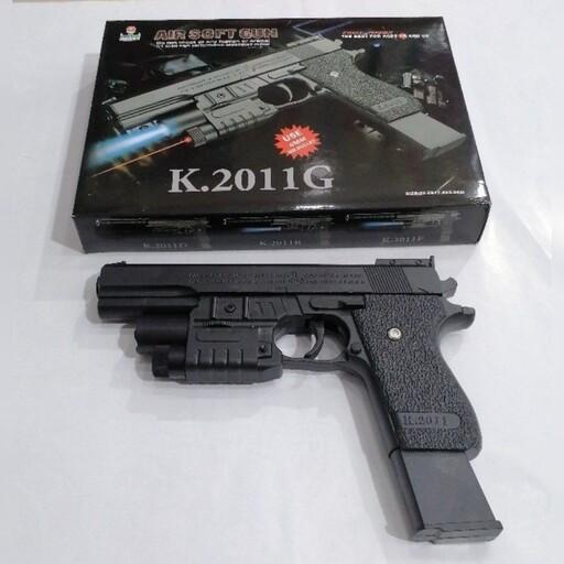 تفنگ کلت اسباب بازی مدل K2011G لیزری چراغ دار UV ساچمه ای خشاب بزرگ