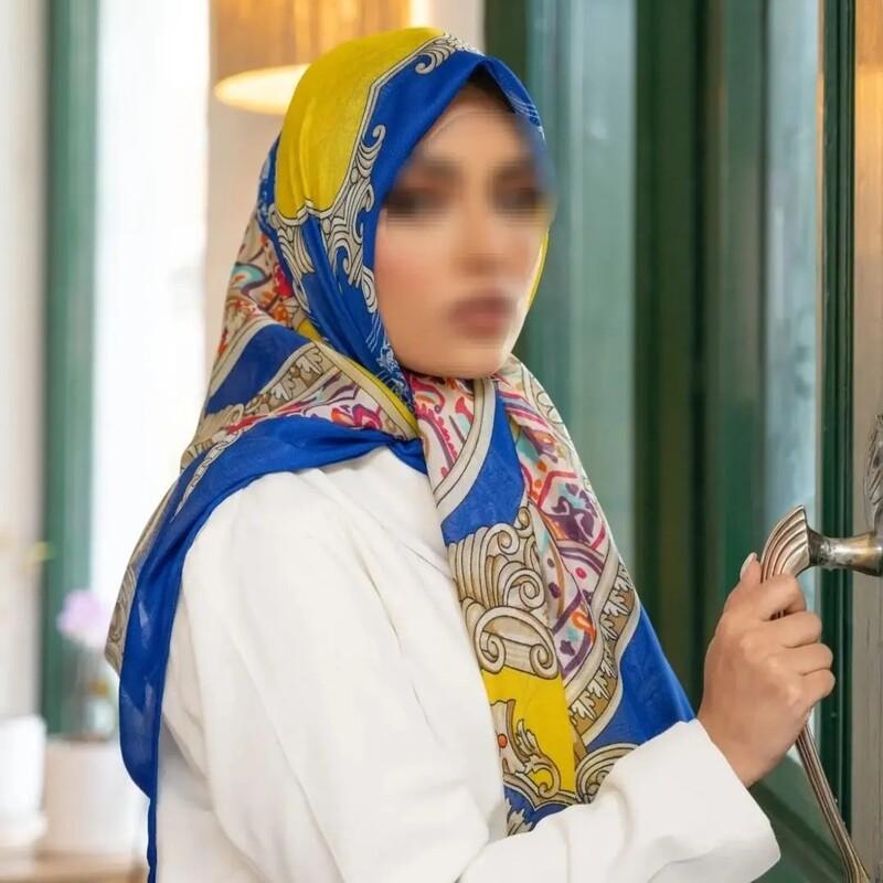 روسری مجلسی ابریشم رته زرد  و آبی کاربنی