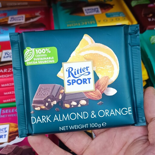 شکلات تلخ ریتر اسپرت Ritter Sport با تکه های بادام و پرتقال 100 گرم

