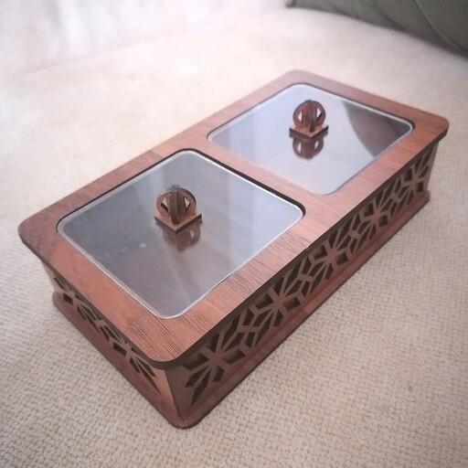 
جعبه پذیرایی آجیل، شکلات ، جنس چوب درجه 1 ، رنگ گردویی روشن، 11در20درارتفاع 5سانتیمتر