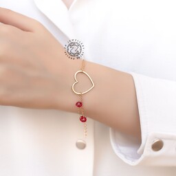 دستبند یلدایی زنانه  قلب و کریستال قرمز  (رنگ طلایی و جنس استیل و رنگ ثابت )