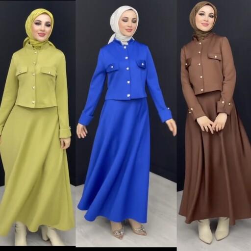 ست کت دامن زنانه لباس مجلسی عربی کت دامن مجلسی سایز 36 تا 60  قد قابل تغییر
