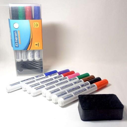 ماژیک وایت برد پلیکان هرون بسته 8 رنگ به همراه تخته پاک کن 