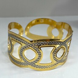 دستبند النگویی ( تک پوش ) حصیری یا توری ، ترکیب رنگ سفید طلایی مشابه طلا ، استیل رنگ ثابت