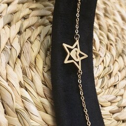 دستبند ظریف زنجیری طرح ستاره و قلب شنی و براق طلایی دخترانه و زنانه ، استیل رنگ ثابت