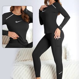 ست تیشرت لگ جیب موبایلی ورزشی زنانه جنس آیس ورزشی وارداتی رنگ مشکی فری سایز 36 تا 42
