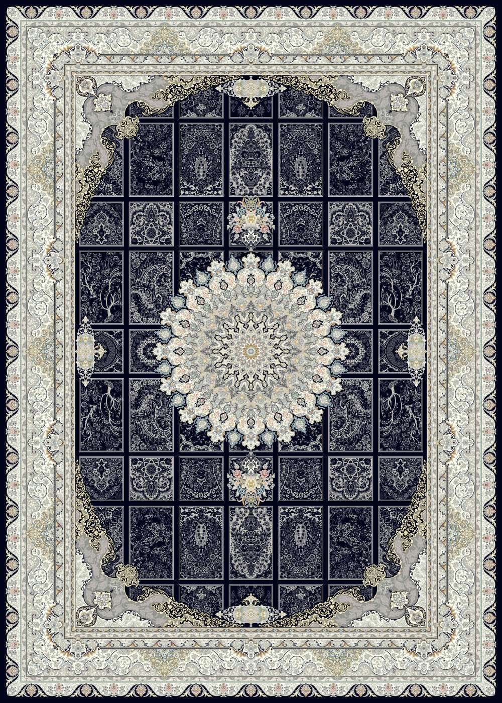 فرش مشهد 1200 شانه تراکم 3600 نقشه 802095U سرمه ای تمام آکریلیک