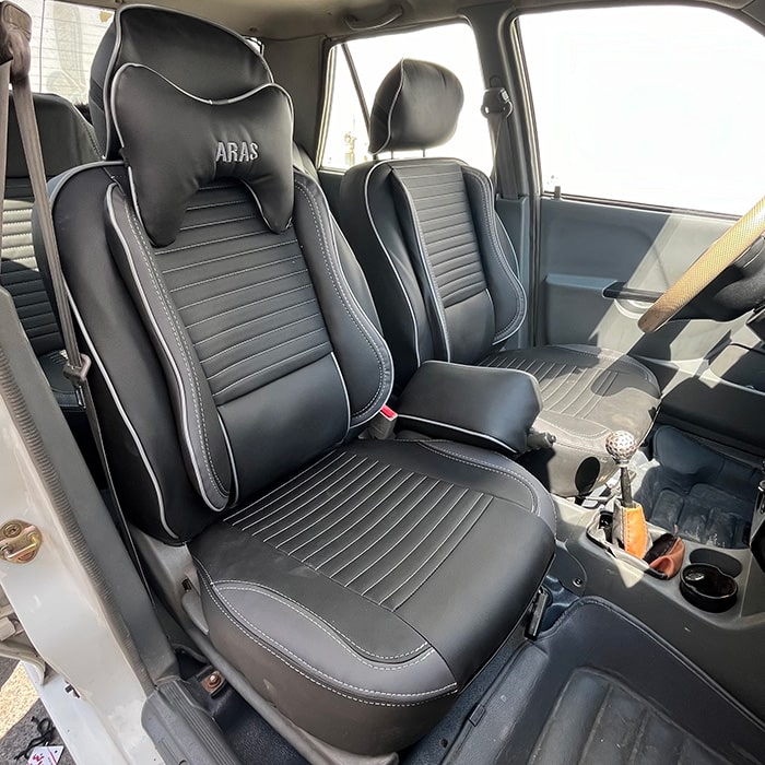 روکش صندلی پراید 131 چرم طرح پلاس رنگ مشکی طوسی