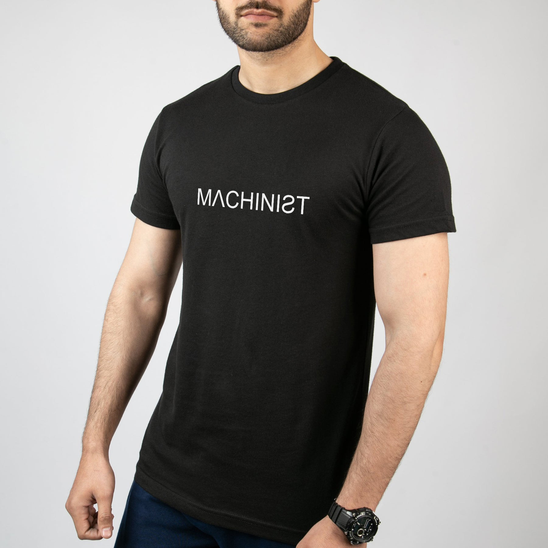 تیشرت آستین کوتاه مشکی طرح برند ماچینیست Machinist کد BR041