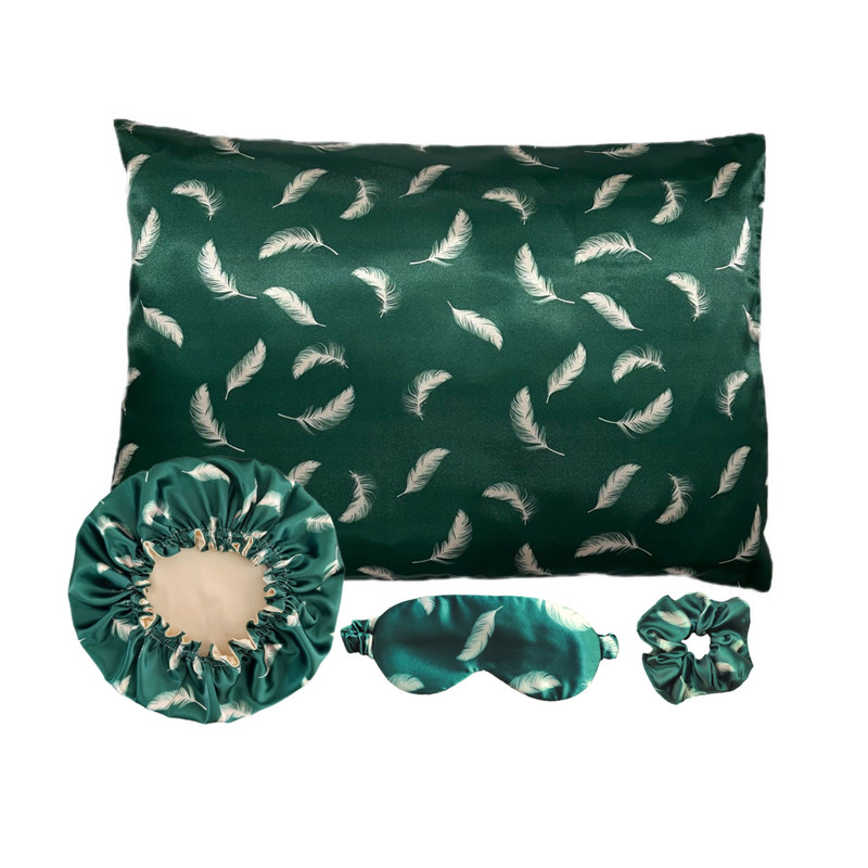رو بالشی مدل ساتن ابریشم طرح پر به همراه کلاه خواب و چشم بند و کش مو