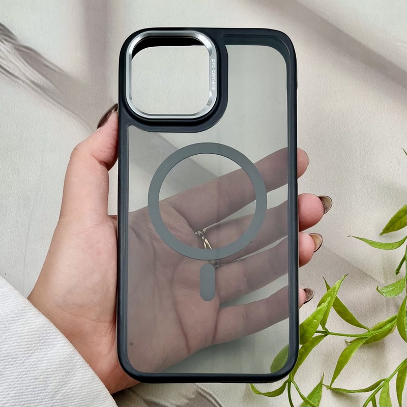 قاب گوشی iPhone 13 Pro Max آیفون شیشه ای مگ سیف دار مگنتی اورجینال Unique Case لنز فلزی مشکی خاکستری کد 104359