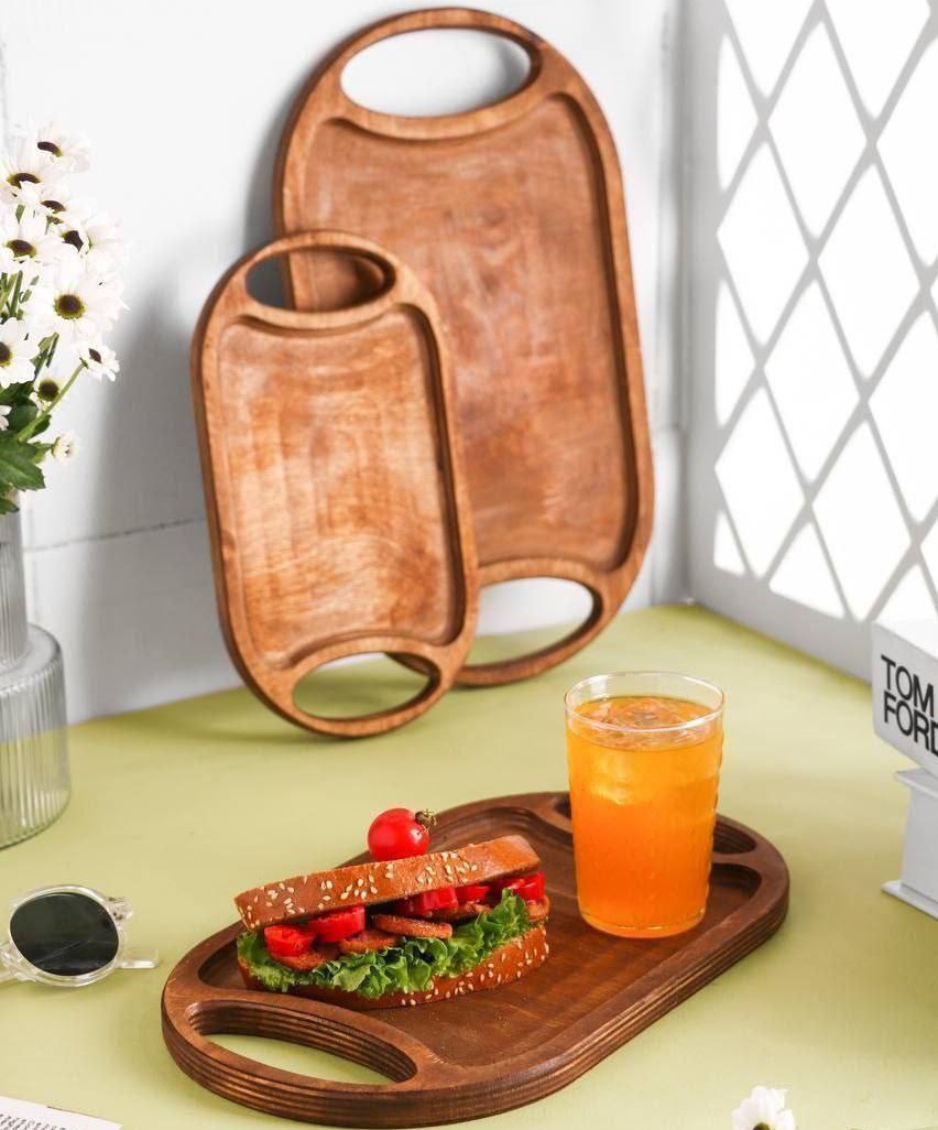 سینی 3 تیکه بیضی دسته دار چوبی (پست پیشتاز پس کرایه)