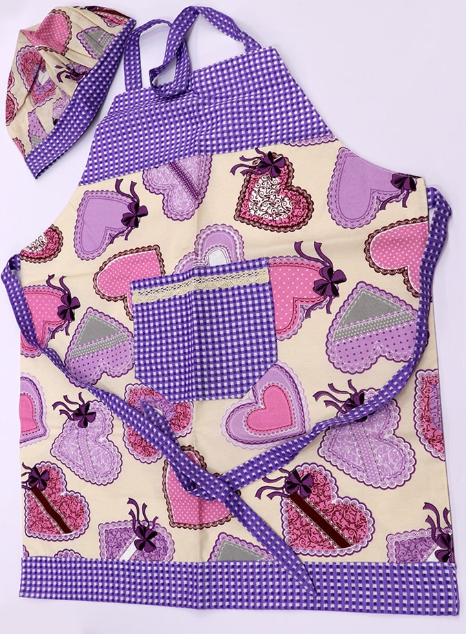 پیش بند و کلاه آشپزی مدل قلب بنفش