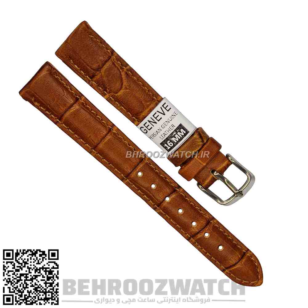 بند ساعت مچی چرم ژنو طرح دار قهوه ای متوسط سایز 16