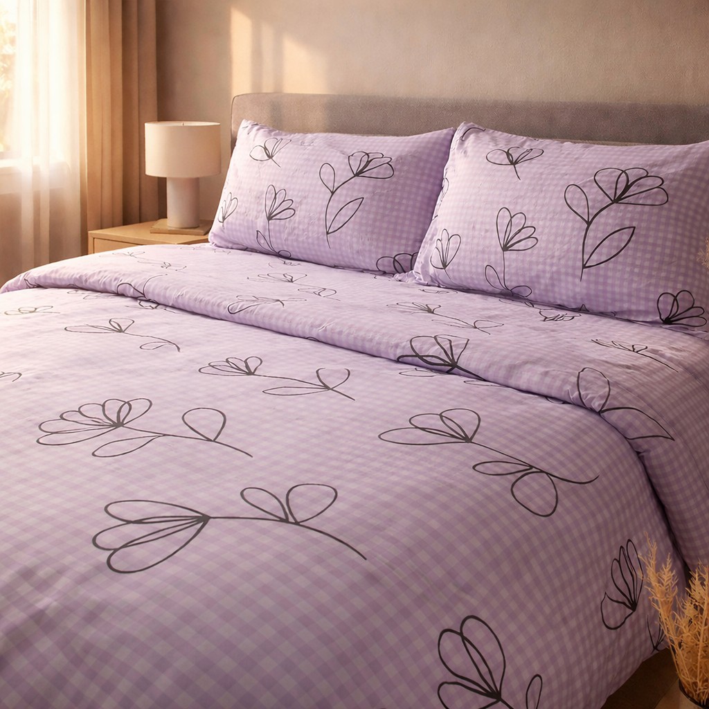 سرویس لحاف روتختی دونفره پنج تیکه پارچه پنبه ای(دارای کاور لحاف) سایز180 رنگ یاسی