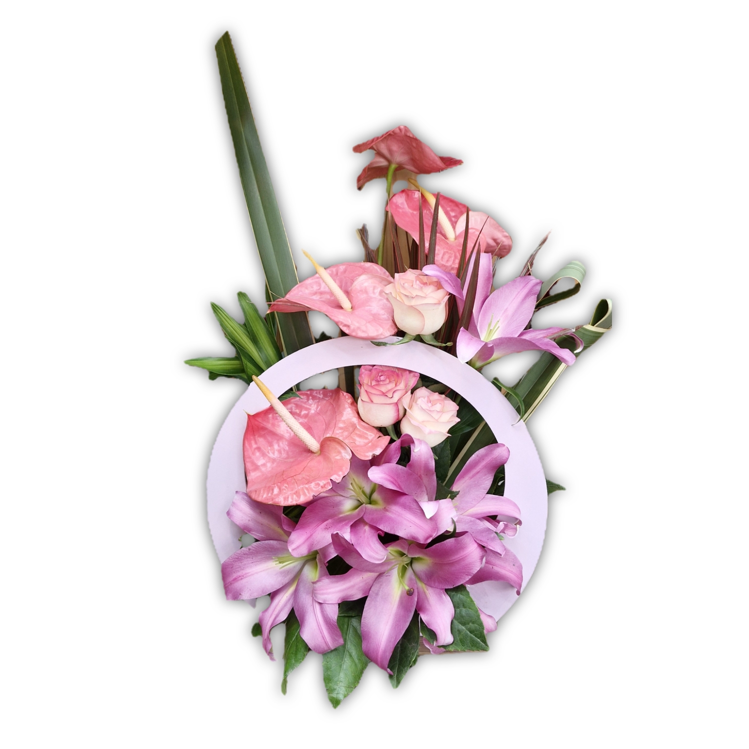 باکس گل آنتوریوم صورتی لیلیوم بنفش