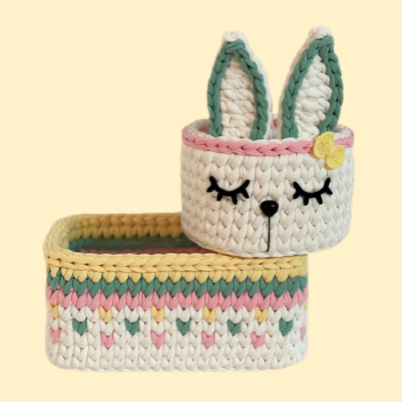 سبد قلاب بافی تریکو طرح سیسمونی خرگوشی کد 075 مجموعه 2 عددی