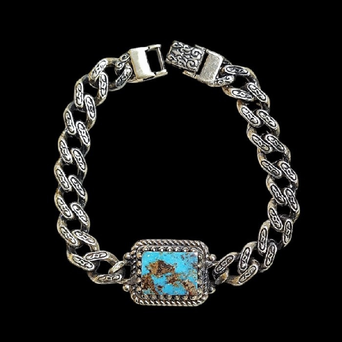 دستبند نقره مردانه مدل سنگ فیروزه نیشابور کد 3520