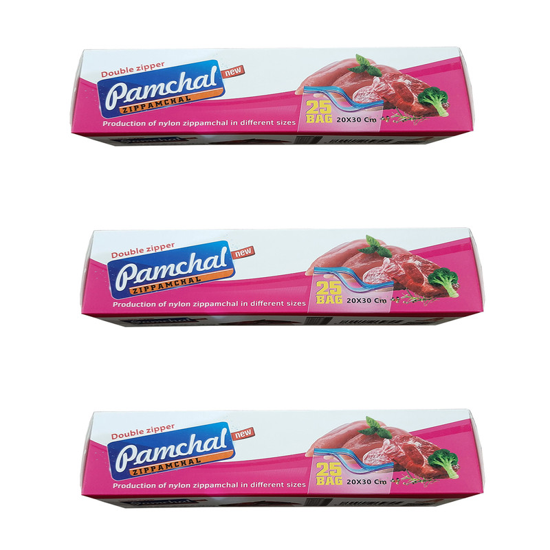 کد 1122334455 کیسه زیپ دار پامچال مدل دو زیپ کد 20x30 سه بسته 25 عددی  نمافرش