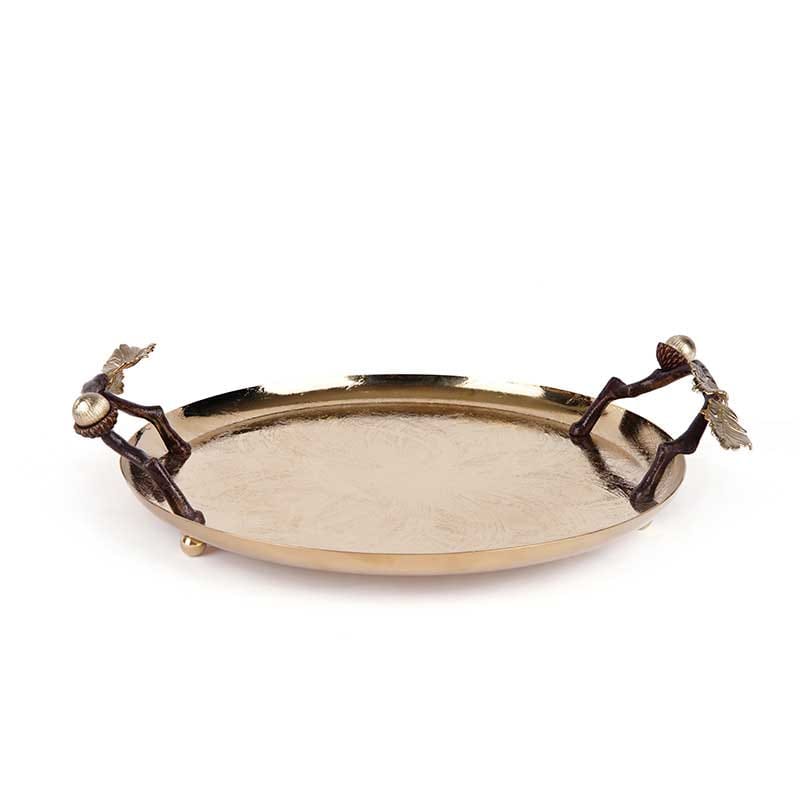 سینی بلوط فلزی گرد 35 سانت شاخه قهوه ای – ظرف طلایی طرحدار برند ریتون