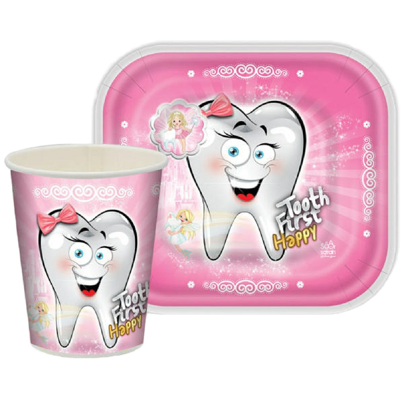 بشقاب و لیوان یکبار مصرف مدل دندون مجموعه 24 عددی