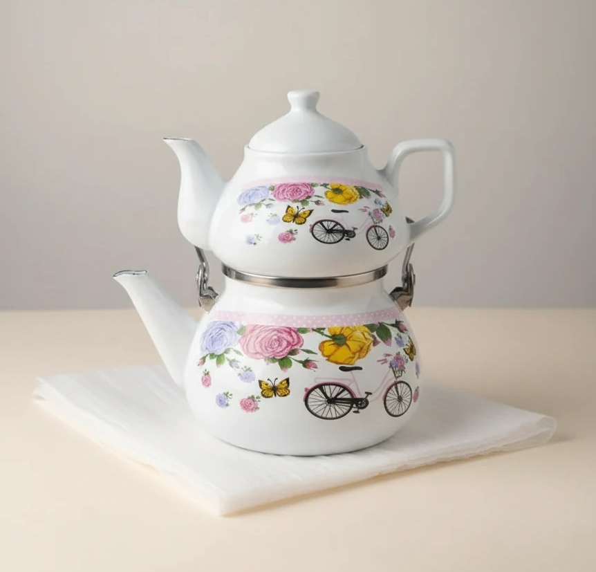 کتری قوری لعابی دسته فلزی طرح گل رسا کد 105